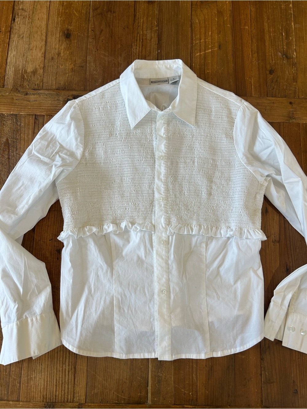 Investments White Long-Sleeve Button-Up with Smocked Bodice